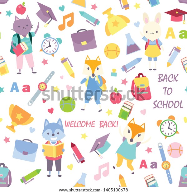 cute animal welcome back to school seamless\
pattern on white\
background