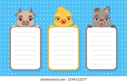 Cute Animal with White Empty Lined Card Vector Template