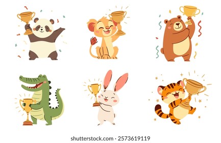 Cute animal winners, panda bunny crocodile tiger lion and bear rejoice and hold winner's cups, confetti. Set of flat vector illustrations in simple children's style on white background 