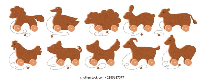 Cute animal wooden toys for kids vector illustrations set. Toys in shape of duck, bunny, horse, chicken, pig made from food for children on white background. Childhood, entertainment, animals
