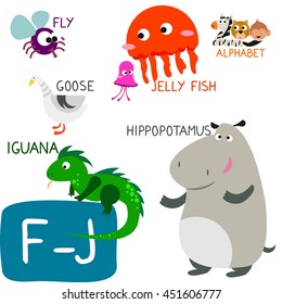 Cute Animal Zoo Alphabet. Letter F-J. Fly, Goose, Hippopotamus, Iguana and Jellyfish. Fun teaching aids for Kids