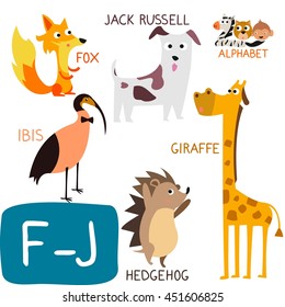 Cute Animal Zoo Alphabet. Letter F-J. Fox, Giraffe, Hedgehog, Ibis and Jack Russell. Fun teaching aids for Kids