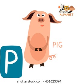 Cute Animal Zoo Alphabet. Letter P for Pig. Fun teaching aids for Kids