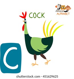 Cute Animal Zoo Alphabet. Letter C for Cock. Fun teaching aids for Kids