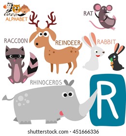 Cute Animal Zoo Alphabet. Letter R for Rhinoceros, Reindeer, Rabbit, Raccoon and Rat. Fun teaching aids for Kids