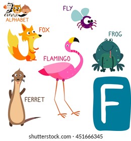 Cute Animal Zoo Alphabet. Letter F for Fox, Flamingo, Fly, Frog and Ferret. Fun teaching aids for Kids