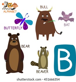 Cute Animal Zoo Alphabet. Letter B for Bat, Butterfly, Beaver, Bull and Bear. Fun teaching aids for Kids