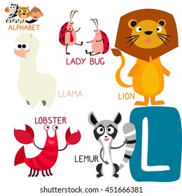 Cute Animal Zoo Alphabet. Letter L for Lion, Lemur, Lobster, Llama and Ladybug. Fun teaching aids for Kids