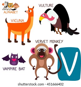 Cute Animal Zoo Alphabet. Letter V for Vicuna, Velvet Monkey, Vulture and Vampire Bat. Fun teaching aids for Kids