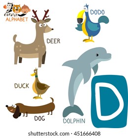 Cute Animal Zoo Alphabet. Letter D for Deer, Dolphin, Duck, Dog and Dodo. Fun teaching aids for Kids