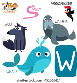 Cute Animal Zoo Alphabet. Letter W for Whale, Wolf, Walrus, Worm and Woodpecker. Fun teaching aids for Kids