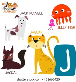 Cute Animal Zoo Alphabet. Letter J for Jaguar, Jellyfish, Jack Russell and Jackal. Fun teaching aids for Kids