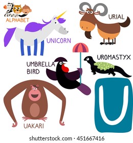 Cute Animal Zoo Alphabet. Letter U for Uakari, Unicorn, Urial, Uromastyx and Umbrella Bird. Fun teaching aids for Kids