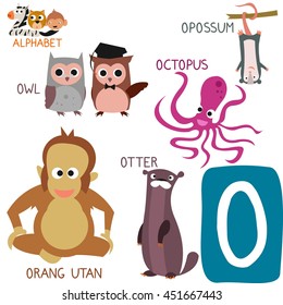 Cute Animal Zoo Alphabet. Letter O for Octopus, Otter, Orang Utan, Opossum and Owl. Fun teaching aids for Kids