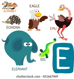 Cute Animal Zoo Alphabet. Letter E for Elephant, Eagle, Eel, Echidna and Emu. Fun teaching aids for Kids
