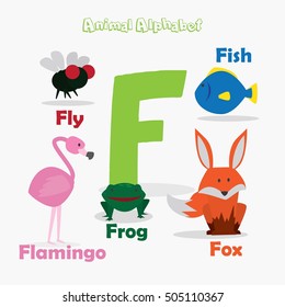 Cute Animal Zoo Alphabet. Letter F for Fish, Fly, Frog, Flamingo and Fox