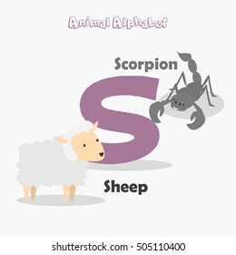 Cute Animal Zoo Alphabet. Letter S for Sheep and Scorpion
