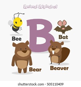 Cute Animal Zoo Alphabet. Letter B for Bear, Bee, Bat and Beaver.
