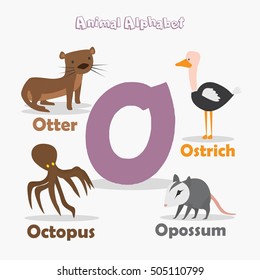 Cute Animal Zoo Alphabet. Letter O for Otter, Ostrich, Octopus and Opossum.