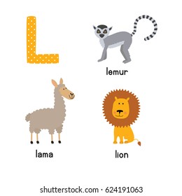 Cute Animal Zoo Alphabet. Letter L for Lion, Lemur, Lama.