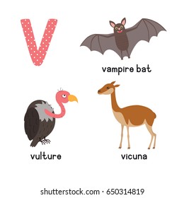 Cute Animal Zoo Alphabet. Letter V for vulture, vicuna, vampire bat