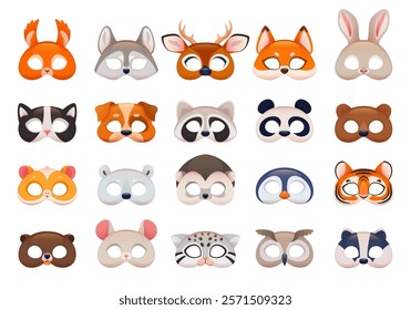 Cute animal zoo masks. Carnival party accessories, kids photo booth props, birthday masquerade, funny dog, cat, deer, squirrel, festive costume element, cartoon flat isolated vector set