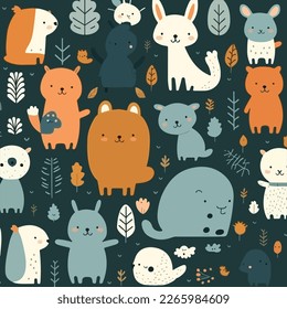 Cute animale seamless pattern flat illustration