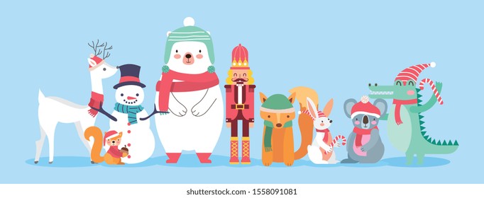 cute animales with christmas clothes isolated. vector illustration
