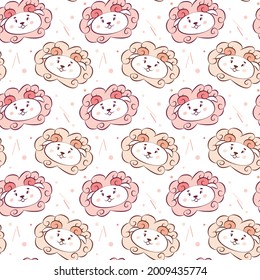 Cute animalistic seamless pattern for nursery design. Funny muzzles of sheep in baby doodle style. Cool pastel pink print for wallpaper in the girl's room, bedding, clothes. Domestic farm animals