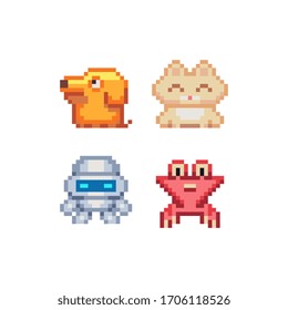 Cute animals abstract characters. Cat, dog, android and crab. Pixel art style. Pet shop logo.  8-bit sptite. Isolated abstract vector illustration. Embroidery or knitting design.