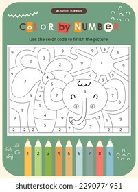 Cute Animals activities for kids. Color by numbers – Elephant and Palm. Logic games for children. Coloring page. Vector illustration.