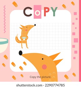 Cute Animals activities for kids. Copy the picture – Little Fox. Logic games for children. Coloring page. Vector illustration. Book square format.