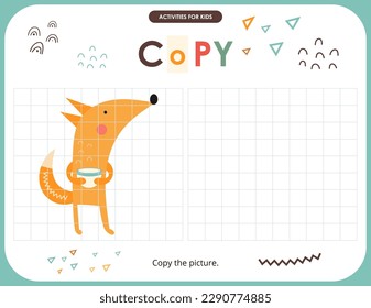 Cute Animals activities for kids. Copy the picture – Little Fox. Logic games for children. Coloring page. Vector illustration.