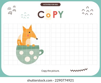 Cute Animals activities for kids. Copy the picture – Little Fox. Logic games for children. Coloring page. Vector illustration.