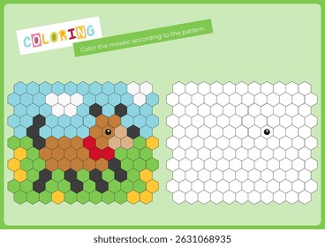 Cute animals activities for kids. Copy the picture in mosaic – dog. Logic games for children. Coloring page for activity book. Vector illustration. Flash card.