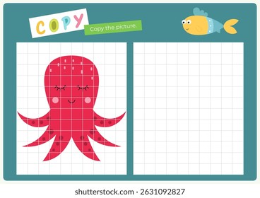 Cute Animals activities for kids. Copy the picture in grid – Octopus. Logic games for children. Coloring page for activity book. Vector illustration. Flash card.