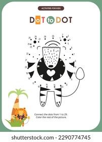 Cute Animals activities for kids. Dot to dot game – Tiger. Numbers games for kids. Coloring page. Vector illustration.