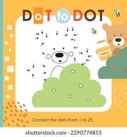 Actividades de animales para niños. Juego de punto a punto - Pequeño Oso. Juegos de números para niños. Colorido de la página. Ilustración vectorial. Formato cuadrado del libro.