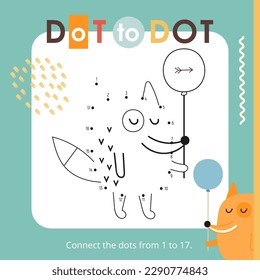 Cute Animals activities for kids. Dot to dot game – Fox. Numbers games for kids. Coloring page. Vector illustration. Book square format.