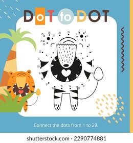 Cute Animals activities for kids. Dot to dot game – Tiger. Numbers games for kids. Coloring page. Vector illustration. Book square format.