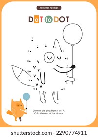 Cute Animals activities for kids. Dot to dot game – Fox. Numbers games for kids. Coloring page. Vector illustration.