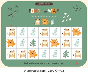 Cute Animals activities for kids. Find the way – follow the animals in the correct order – cow, fox, hare. Maze games for kids. Vector illustration.