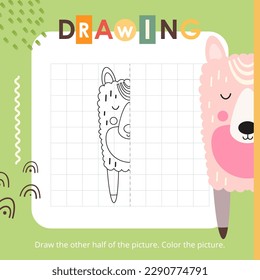 Cute Animals activities for kids. Finish the picture – Llama. Logic games for children. Coloring page. Vector illustration. Book square format.