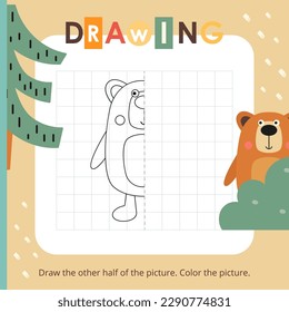 Cute Animals activities for kids. Finish the picture – Little Bear. Logic games for children. Coloring page. Vector illustration. Book square format.