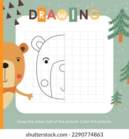 Cute Animals activities for kids. Finish the picture – Bear. Logic games for children. Coloring page. Vector illustration. Book square format.