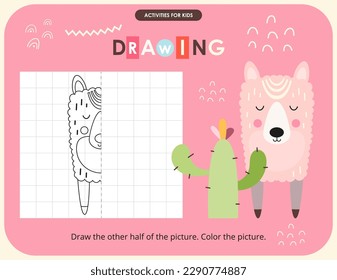 Cute Animals activities for kids. Finish the picture – Llama. Logic games for children. Coloring page. Vector illustration.