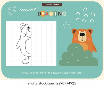 Cute Animals activities for kids. Finish the picture – Little Bear. Logic games for children. Coloring page. Vector illustration.