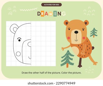 Cute Animals activities for kids. Finish the picture – Bear. Logic games for children. Coloring page. Vector illustration.