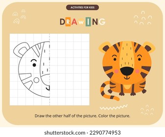 Cute Animals activities for kids. Finish the picture – Tiger. Logic games for children. Coloring page. Vector illustration.