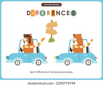 Actividades de animales para niños. Diferencias al punto 5. Oso en auto. Ilustración vectorial.